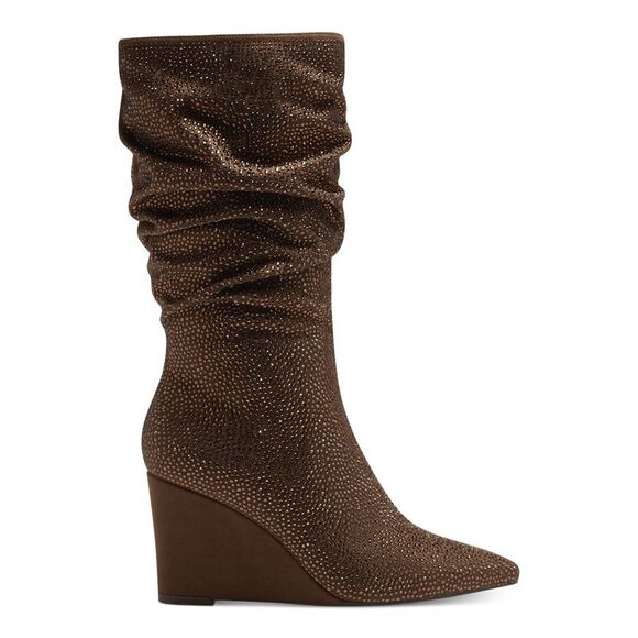 INC Womens Brown Rhinestone Florelle Pointed Toe Wedge Zip-Up Slouch Boot 7 M